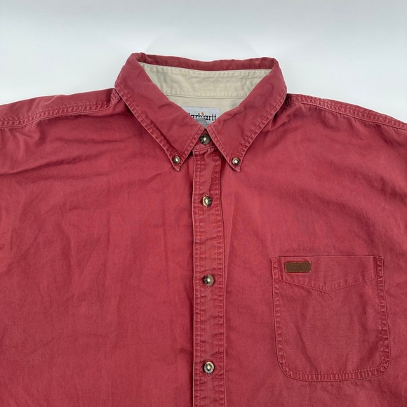 Carhartt Mens Button Down Shirt Short Sleeve Brick Red 2XL‎ Work Casual - Picture 4 of 6